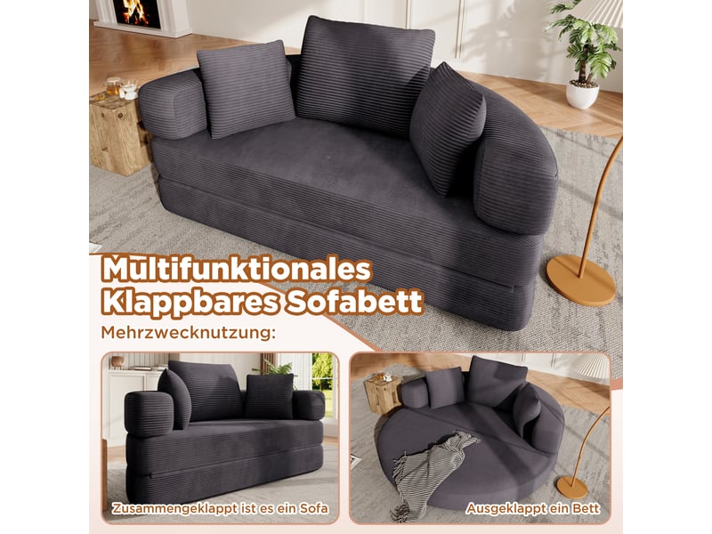  Canapé convertible 2 places en velours côtelé, 2-en-1, lit ovale 173×176 cm, sans montage, 3 coussins inclus  - Conforama E