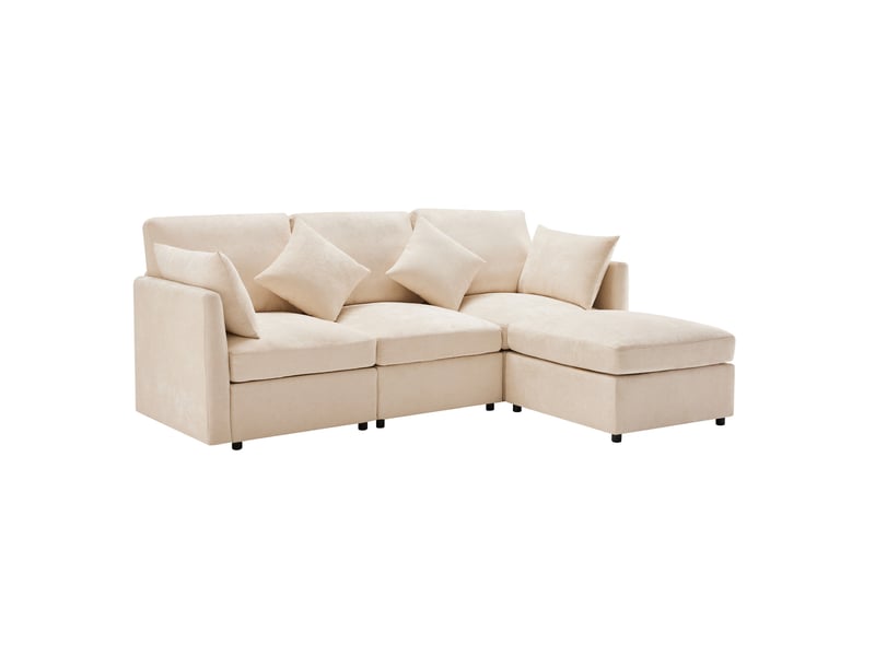 Canapé d'angle modenvie modulable 216 x 161 x 81 cm en chenille beige avec pouf mobile et 4 coussins  - Conforama A