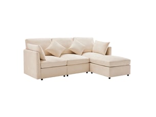 Canapé d'angle modenvie modulable 216 x 161 x 81 cm en chenille beige avec pouf mobile et 4 coussins