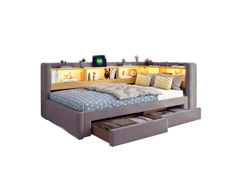  Lit gigogne 90x200 cm avec 2 tiroirs, éclairage led et prise, rangement intégré, couleur gris sans matelas  - Conforama A