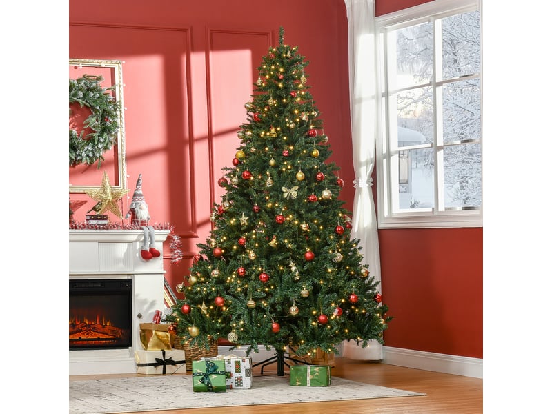Sapin de noël artificiel de 210 cm avec 700 led blanc chaud, 2154 branches, socle pliable en métal vert - Conforama B