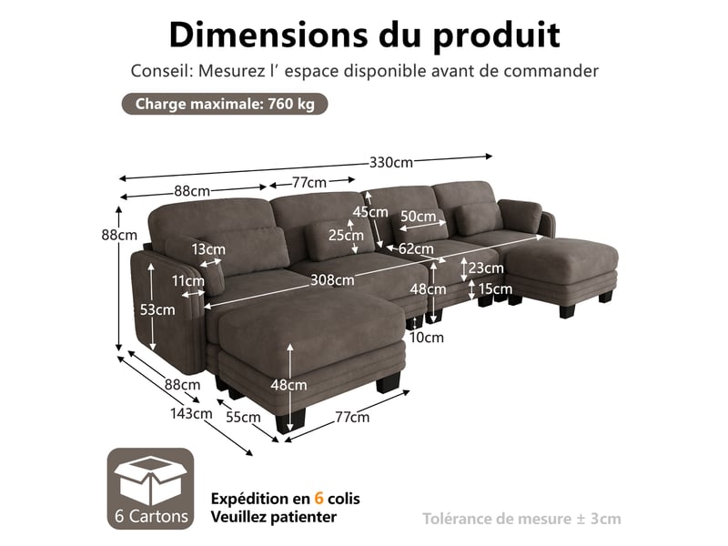  Canapé d'angle modulaire en u 3 places avec 2 ottomanes en chenille marron  - Conforama C