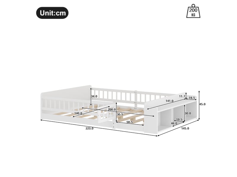  Lit enfant 140x200 cm blanc en pin avec rangements ouverts et portillon  - Conforama C