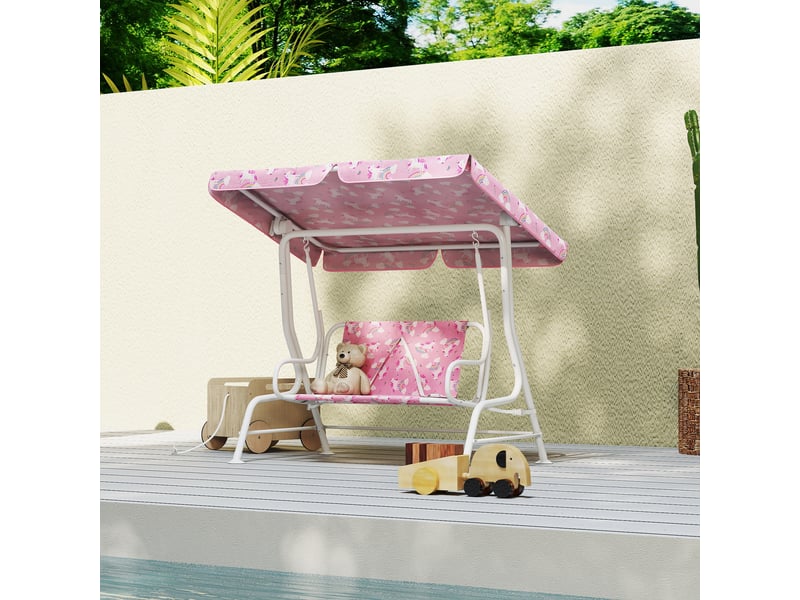  Balançoire de jardin pour enfants, 2 places, auvent réglable, ceintures de sécurité, motif licorne arc-en-ciel rose  - Conforama C