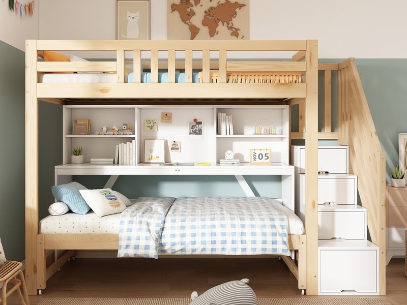  Lit enfant superposé ，90x200+90x190 cm ， avec bureau lit tiroir ，bois， chêne et blanc  - Conforama B