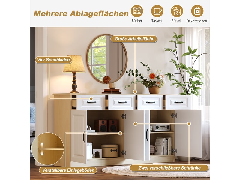 Buffet blanc, blanc et naturel, 160 × 35 × 80 cm, mdf, avec 4 portes, 4 tiroirs et 2 étagères, étagères réglables  - Conforama D