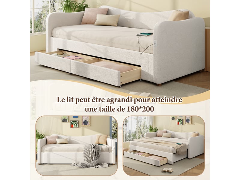 Lit gigogne 90 × 200 cm extensible 180 × 200 cm, 2 tiroirs, usb et type-c, bouclé beige  - Conforama E