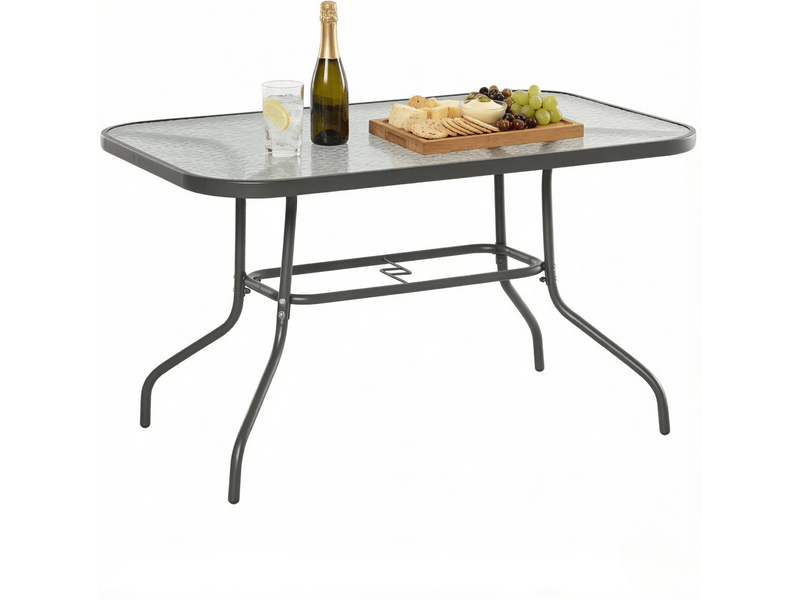 Table de jardin rectangulaire 120x80 cm – grise – verre trempé et trou pour parasol, 8 personnes - Conforama A