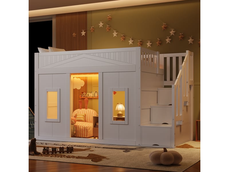 Lit mezzanine - 90x200 cm - escalier avec rangement - rangements intégrés - lit enfant - solution gain de place - pratique - blanc CozyNest - Conforama D