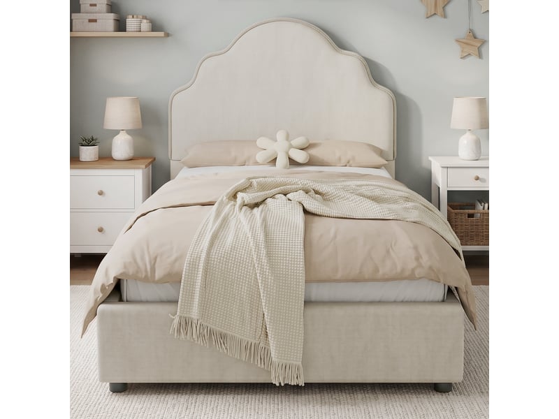  Lit simple 90x200 cm, lit enfant, tête de lit rembourrée, lin beige  - Conforama E