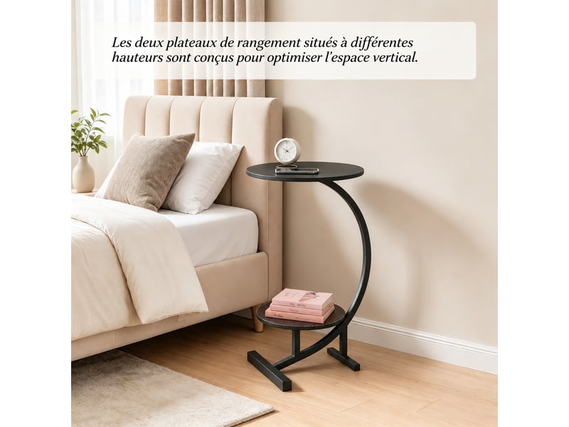  Table d'appoint ronde noire, bout de canapé à 2 niveaux, structure en métal et plateau mdf, h66 cm  - Conforama D