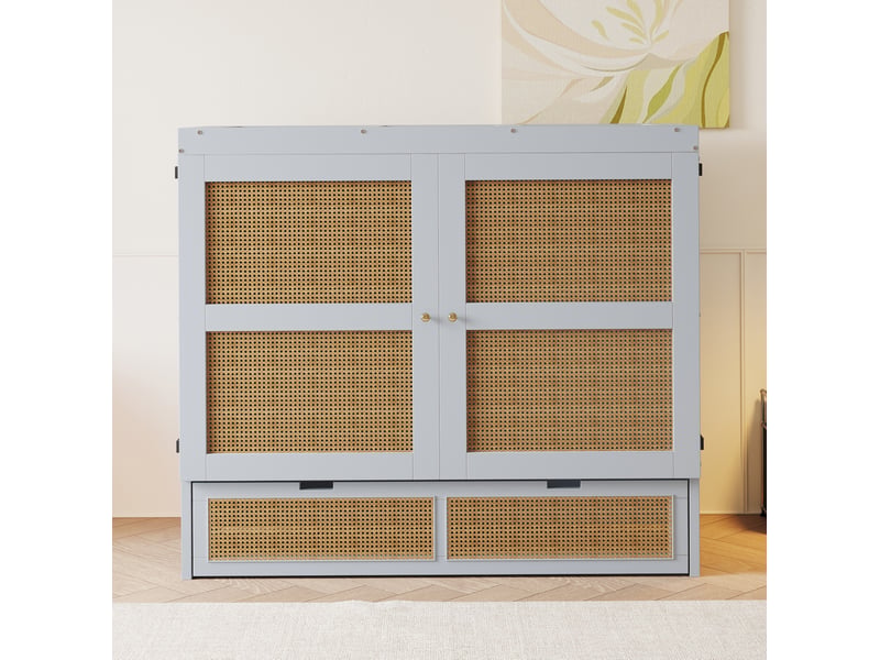  Lit escamotable 140x200 cm, bois gris et bois naturel, doté de 2 tiroirs et de rangement, sans matelas  - Conforama D