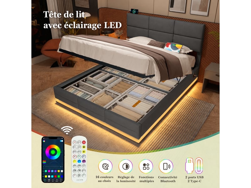  Lit coffre 160x200 en velours gris, tête de lit réglable, éclairage led, ports usb et usb-c, rangement hydraulique  - Conforama E