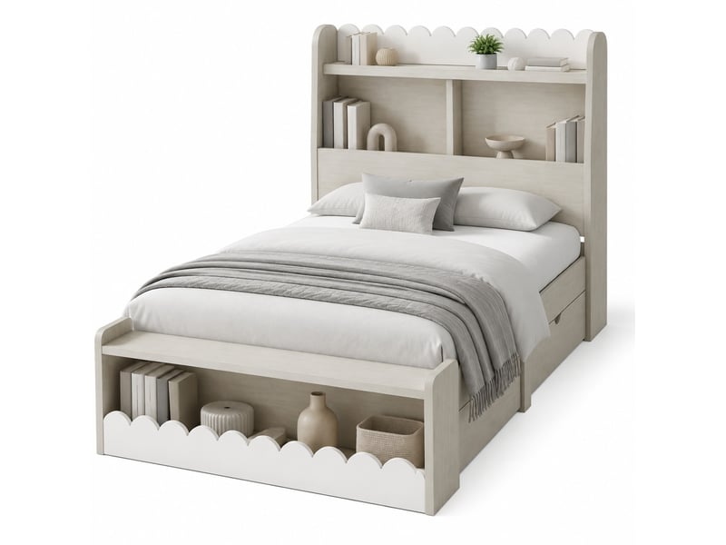  Lit enfant simple avec 2 tiroirs, étagères et banc de rangement, 90×200 cm, blanc et chêne clair, sans matelas  - Conforama A