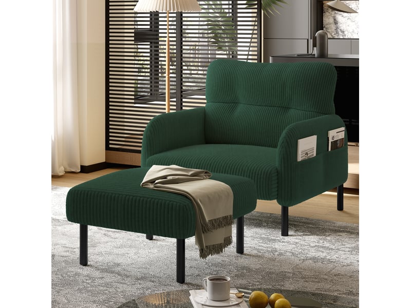  Fauteuil 1 place en velours côtelé vert émeraude avec poches latérales  - Conforama D