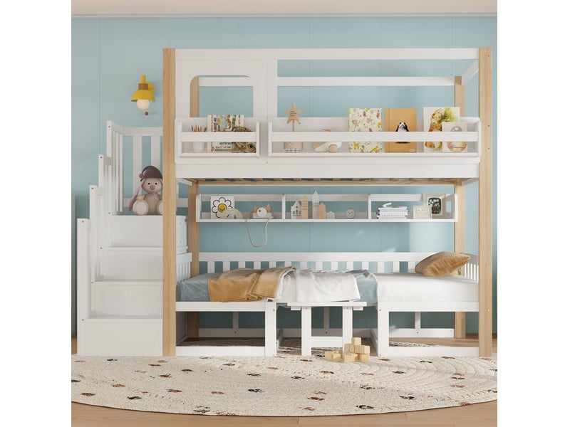  Lit superposé 90x200 cm avec table rabattable, escalier de rangement et garde-corps, mdf, blanc naturel, sans matelas  - Conforama E
