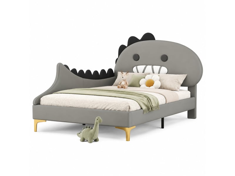  Lit enfant 200×90 cm avec tête de lit en forme de dinosaure, revêtement en pu gris et structure en mdf  - Conforama A