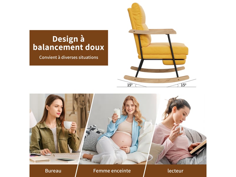  Fauteuil à bascule,rocking chair avec avec repose-pieds extensibles,scandinave,pieds en bois massif,coton et lin,jaune,64x97x94cm  - Conforama E