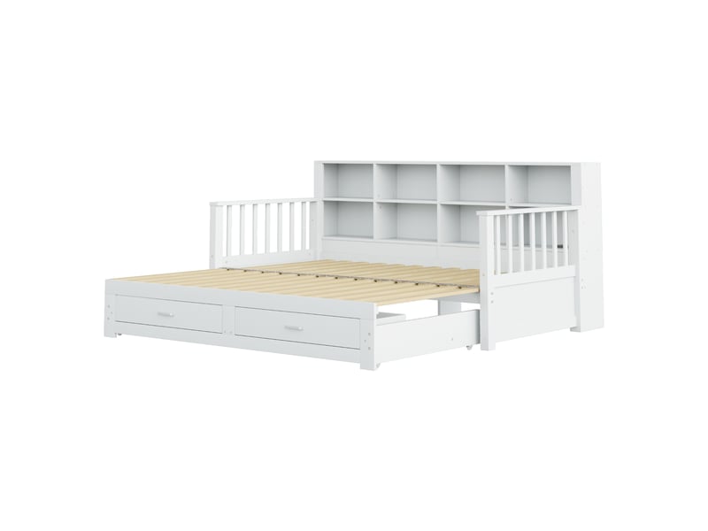  Canapé convertible extensible avec rangements et prise, deux tiroirs et sommier à lattes, en bois blanc  - Conforama E