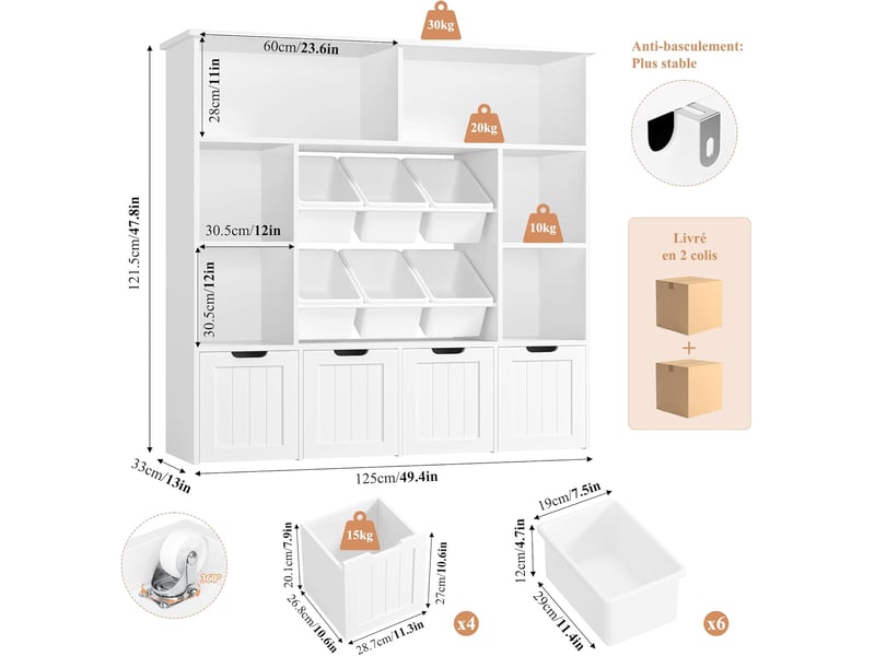  Meuble rangement enfant bibliothèque enfant tiroir roulant blanc  - Conforama C