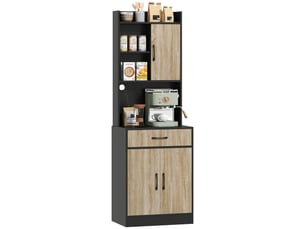 Meuble de cuisine avec plan de travail et passe-câbles, commode de cuisine moderne avec tiroir, 3 étagères ouvertes, bois naturel, noir