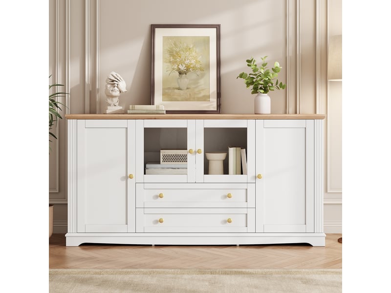  Buffet bas 160 x 40 x 80,5 cm en mdf avec led pilotable par application, 4 portes dont 2 vitrées et 2 tiroirs - blanc Fay Lum - Conforama B