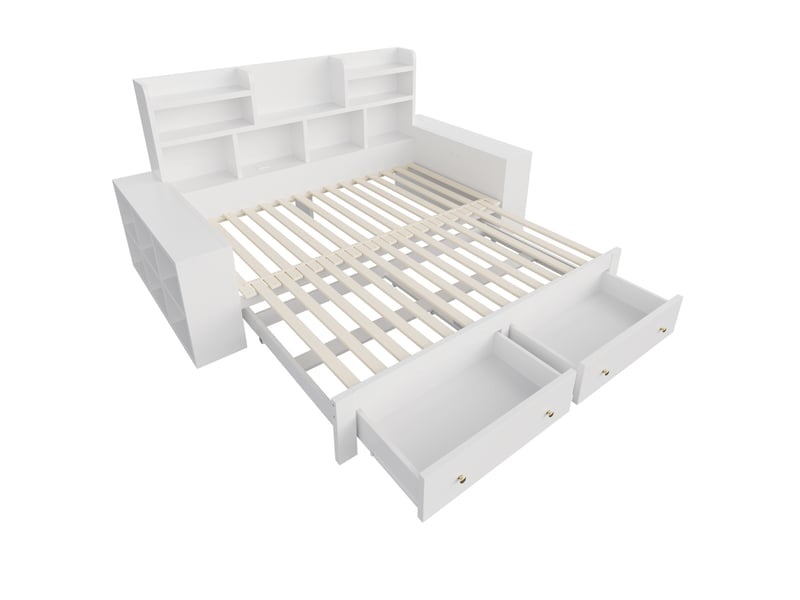 Lit banquette extensible 90x200 cm blanc, mdf et contreplaqué, rangement, led et prise pour chambre - Conforama D