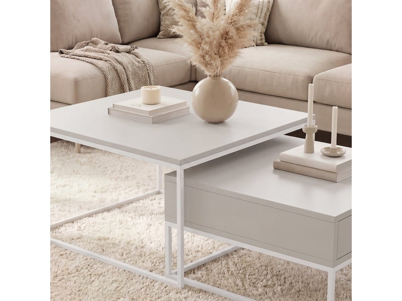  Tables basses gigognes elegant - 7060 cm - avec grand tiroir - structure en acier - blanc cachemire ELEGANT - Conforama C