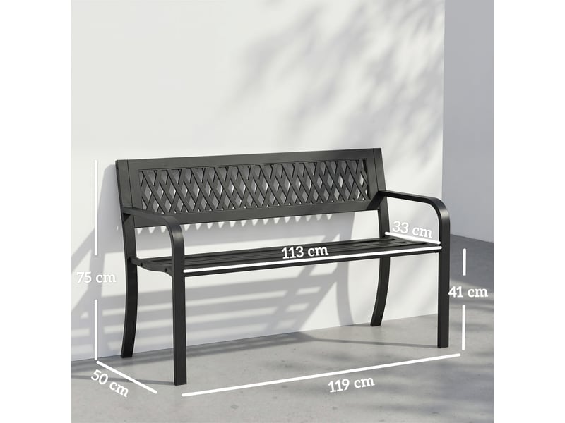Banc de jardin 2 places avec assise à lattes, accoudoirs et structure en acier, 119 x 50 x 75 cm, noir - Conforama D