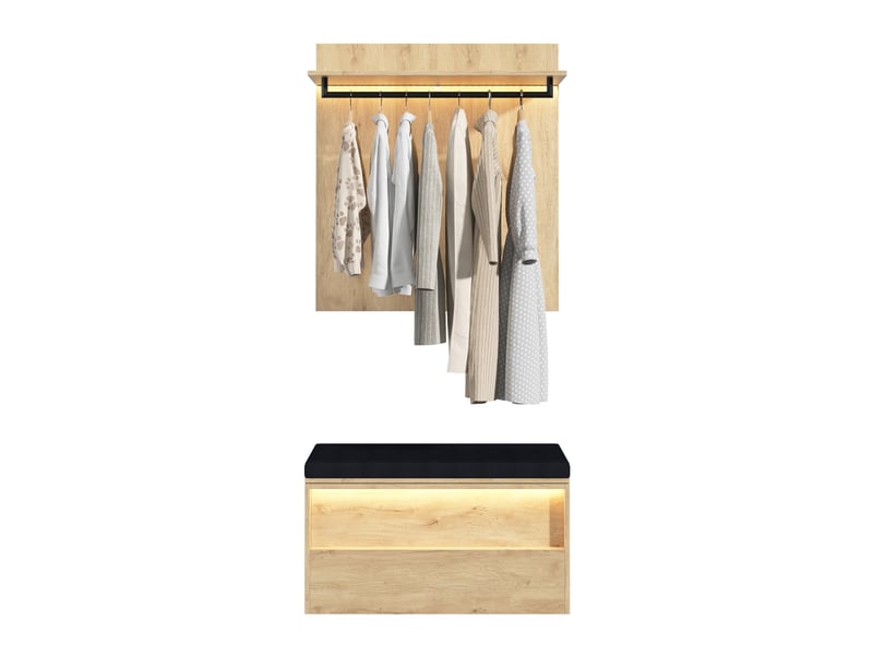  Meubles d'entrée 2 pièces avec banc à chaussures, penderie murale réglable et led en mdf chêne 90 × 47 × 145 cm  - Conforama A