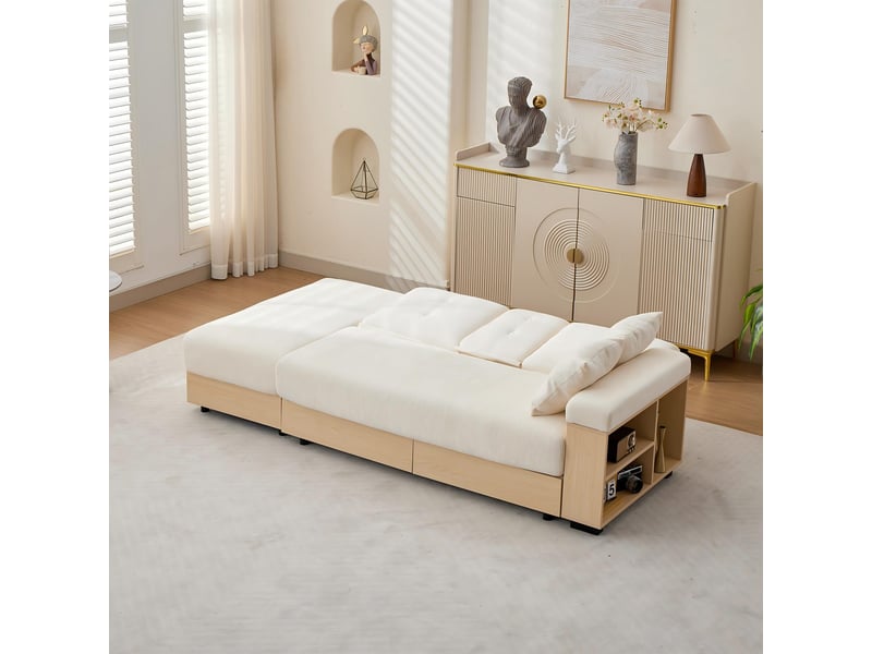 Canapé convertible, canapé-lit, en tissu chenille, beige, porte-gobelets, dossier réglable 3 positions, 217 cm, avec pouf - Conforama W