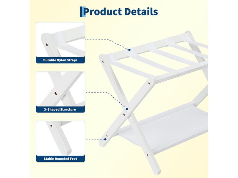 Porte-bagages pliant de luxe en bambou avec étagère, sangles nylon résistantes, charge 50 kg – chambre d'amis, salon, hôtel-blanc PHK_37RDXAKT - Conforama E