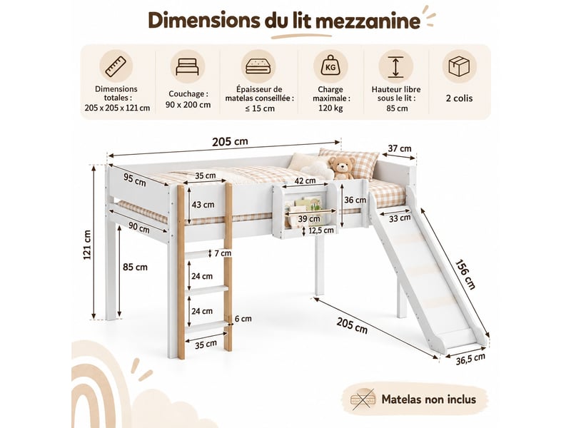  Lit mezzanine enfant 90x200 cm avec toboggan et étagère amovible, lit surélevé avec garde-corps, en pin et mdf, blanc et naturel  - Conforama D