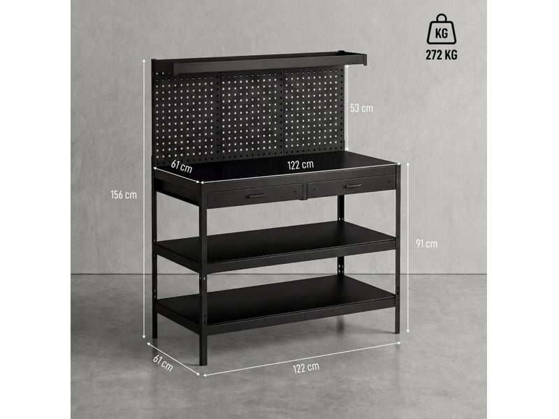 Établi d'atelier 122 x 61 x 156 cm noir, acier, panneau perforé, avec 2 tiroirs et étagères réglables - Conforama C