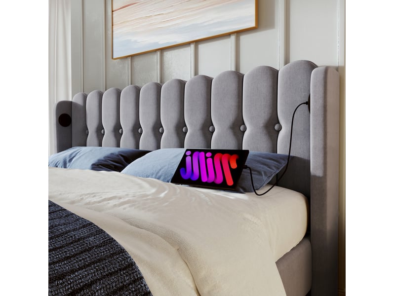 Lit adulte 160x200 cm avec sommier, tête de lit rembourrée en tissu gris et ports usb-c intégrés - Conforama E