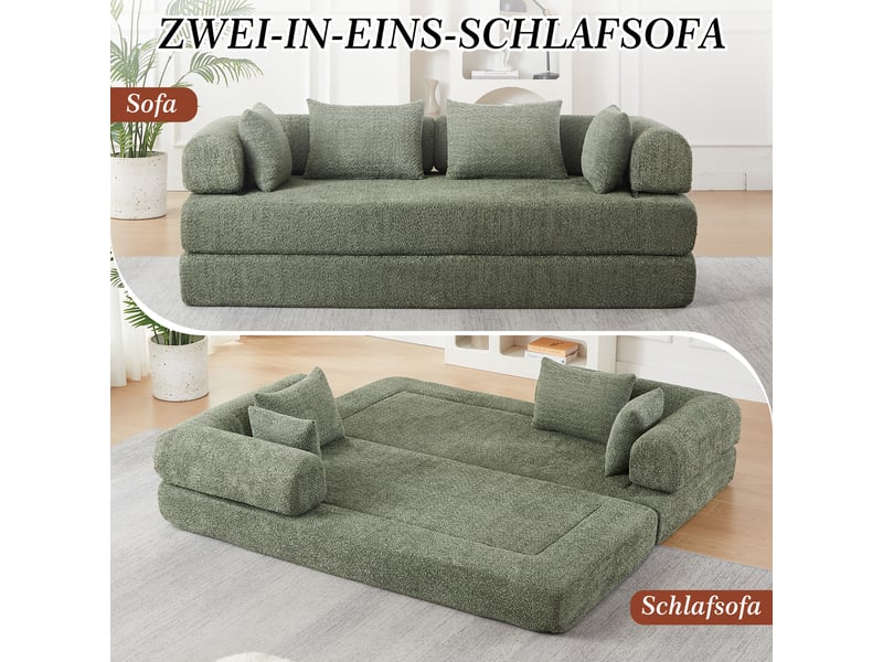 Canapé convertible 2 places 4 en 1 modulable, dossier réglable, sans montage, base antidérapante, 4 coussins, mousse haute élasticité, chenille kaki - Conforama E