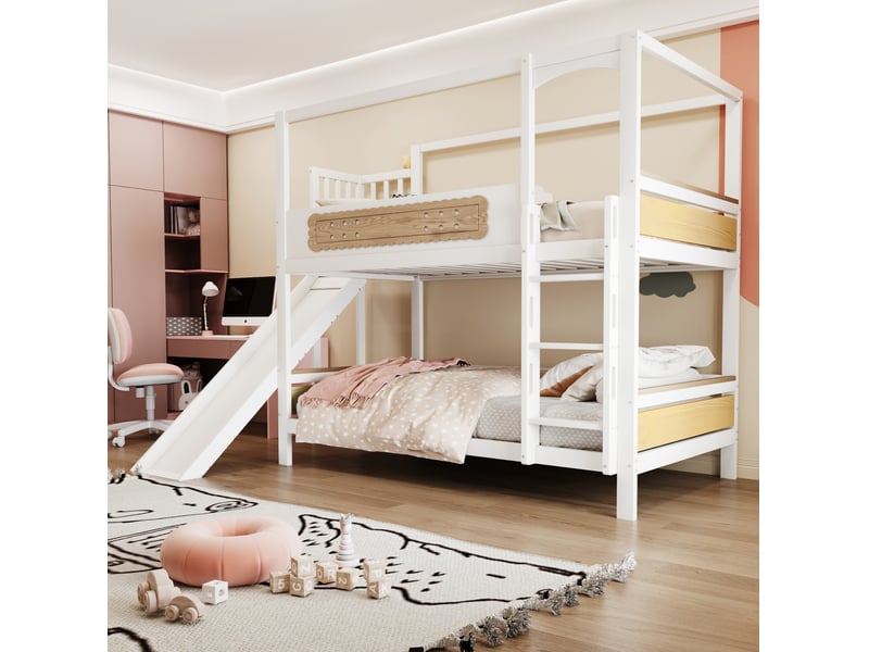  Lit superposé enfant 90 × 200 cm 2 places avec toboggan, barrières et large échelle, sans matelas, blanc et bois  - Conforama C