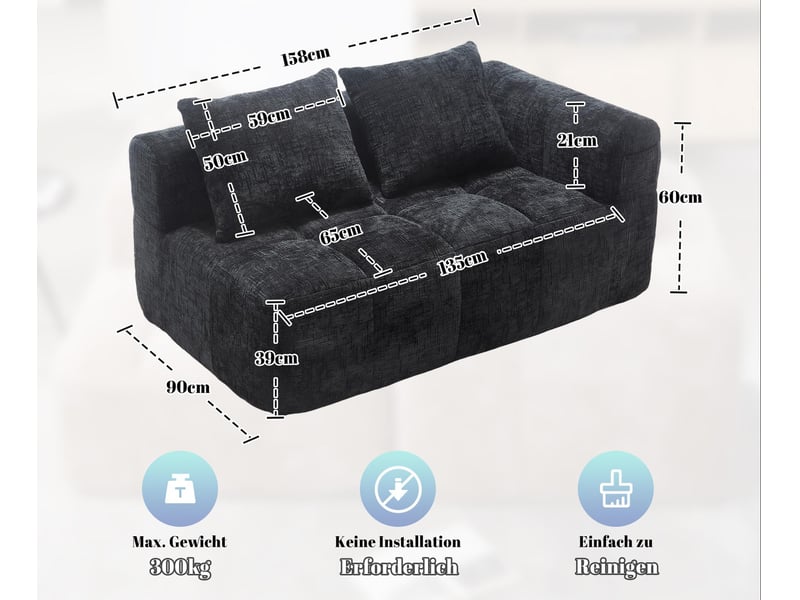  Canapé 2 places tissu en chenille douce avec coussins,canapé avec poches latérales,canapé modulable,design moderne noir 158x90x60cm - Conforama A