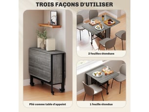 Table pliante de cuisine extensible salle à manger sur roulettes jusqu'à 6 personnes étagère intégrée, gris, 6 roues