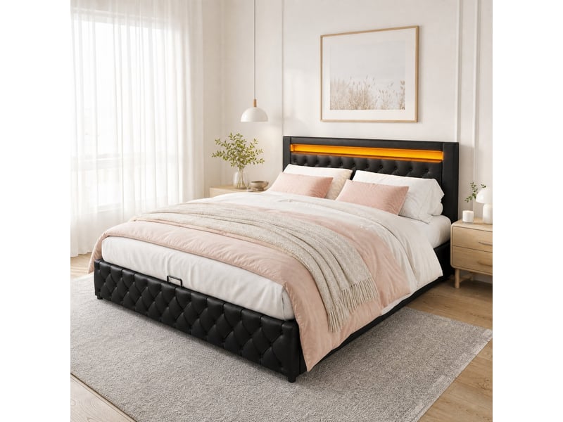  Lit coffre capitonné 140 x 190 cm avec sommier à lattes et éclairage led noir en pu  - Conforama D