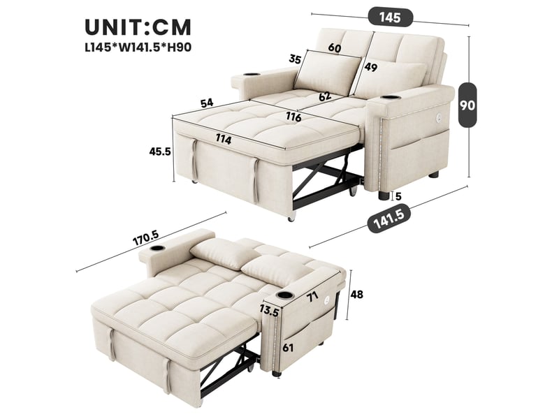 Canapé convertible 2 places modenvie avec fonction couchage, led, ports usb et type-c, dossier réglable, tissu chenille beige 145 x 141,5 x 90 cm - Conforama C