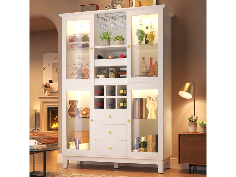  Buffet led connecté 120x40x180,5cm avec 3 tiroirs,porte-verres et casier à bouteilles meuble bar vaisselier avec vitrines,mdf et métal,blanc  - Conforama D