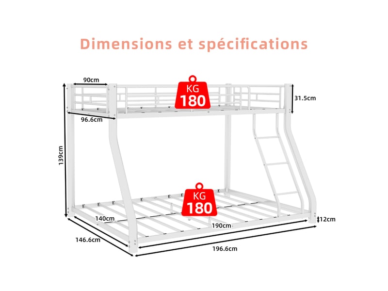 Lits superposés 90x190 et 140x190 cm, couchage double en bas, échelle et barrières de protection, sommiers à lattes, métal blanc OMNIGLINT TRADING LTD - Conforama C