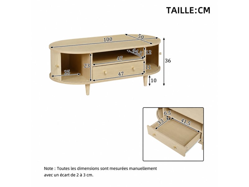  Table basse ovale avec rangement – mdf plaqué bois – décor chêne clair – 100 x 50 x 36 cm  - Conforama D