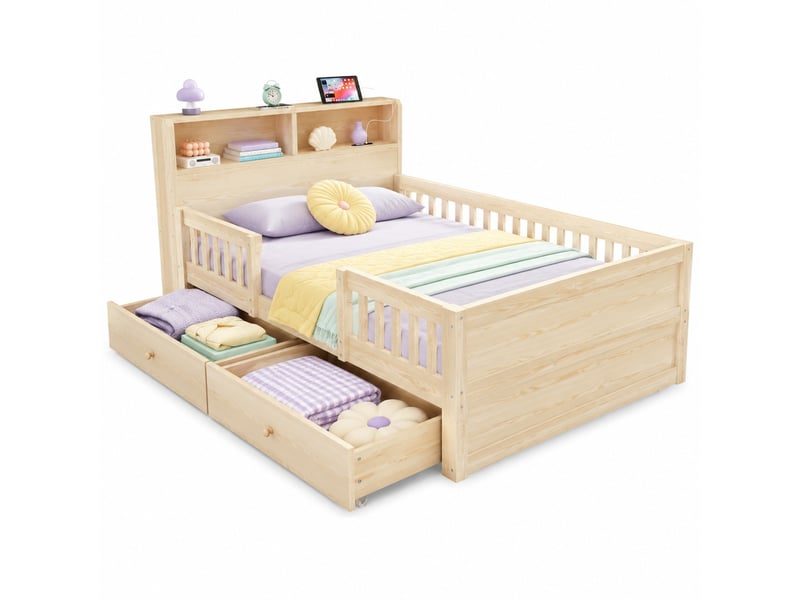  Lit enfant 90 × 190 cm 1 place avec 2 tiroirs, usb, type c et lampe de lecture, sans matelas, bois naturel  - Conforama A