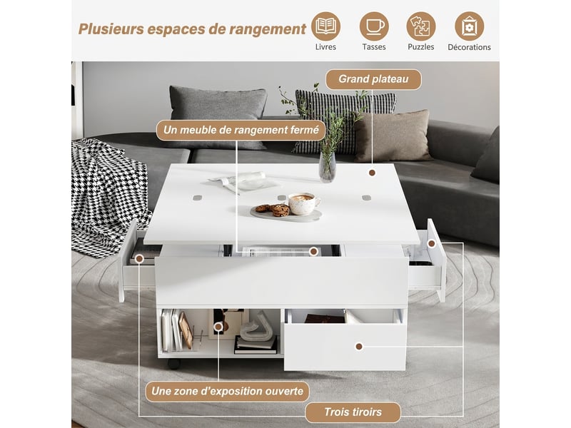 Table basse relevable blanche multifonction 100cm - 4 tiroirs, roulettes, rangement  - Conforama E