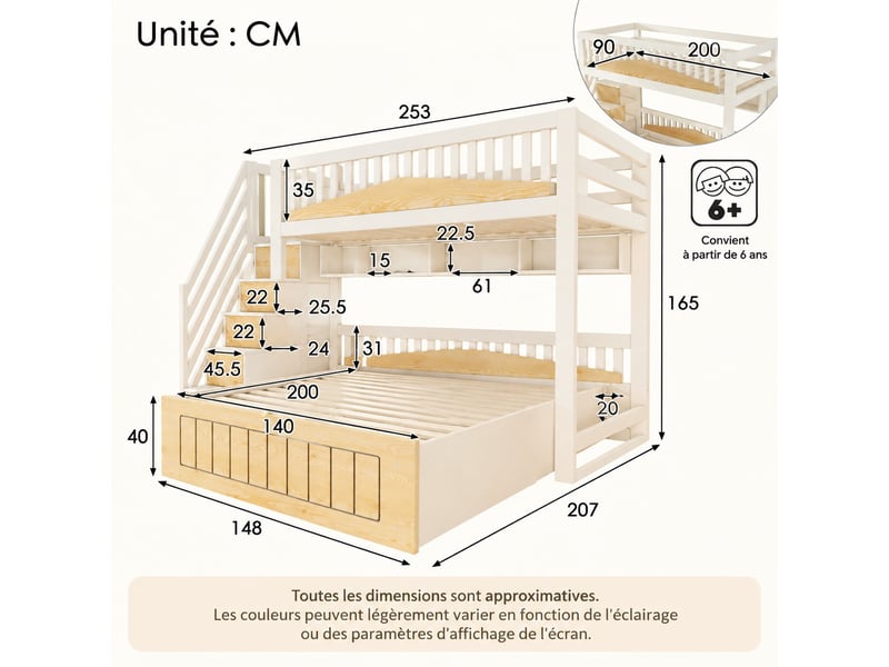  Lit superposé enfant 90x200 + 140x200 cm avec rangement sous lit, escalier coffre et prise usb-c - blanc  - Conforama C