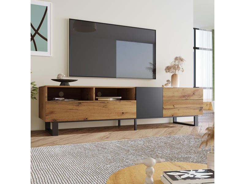  Meuble tv design – 180 cm, rangement xxl, ouverture poussoir, pieds métal noir  - Conforama E