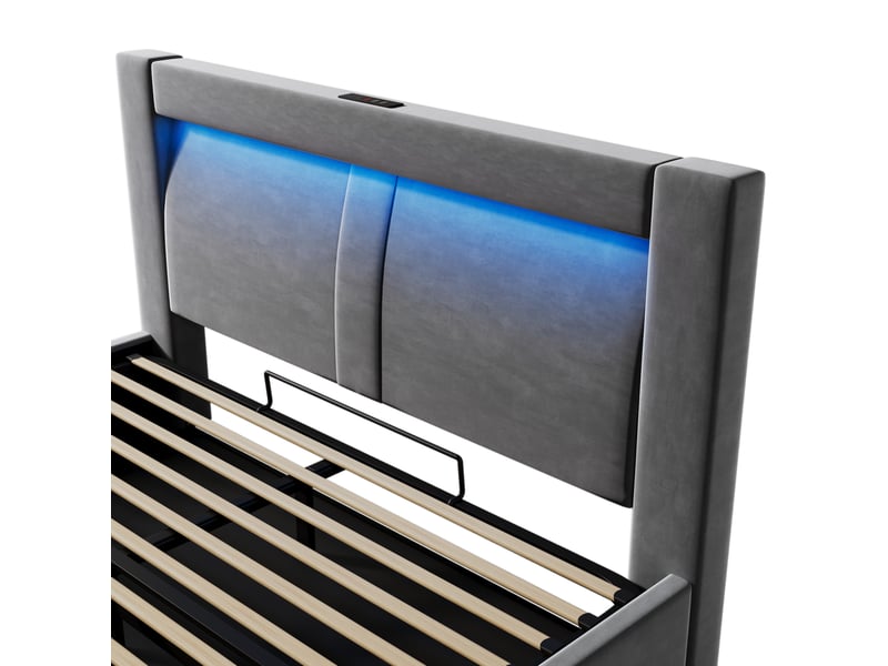  Lit coffre 160x200 cm en velours gris avec led, usb-c et matelas, tête de lit courbée  - Conforama E