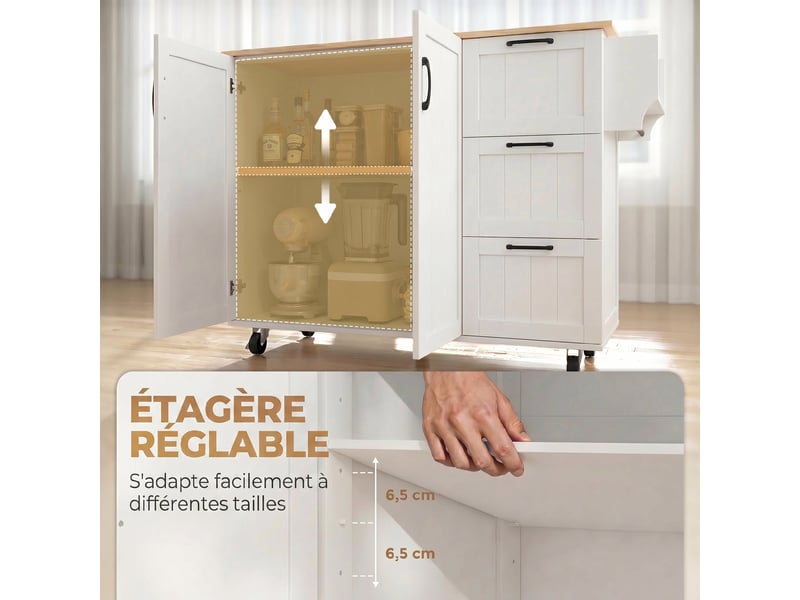 Îlot central cuisine avec plateau rabattable 2 prises et 2 ports usb desserte de cuisine sur roulettes 3 blanc tiroirs - Conforama W